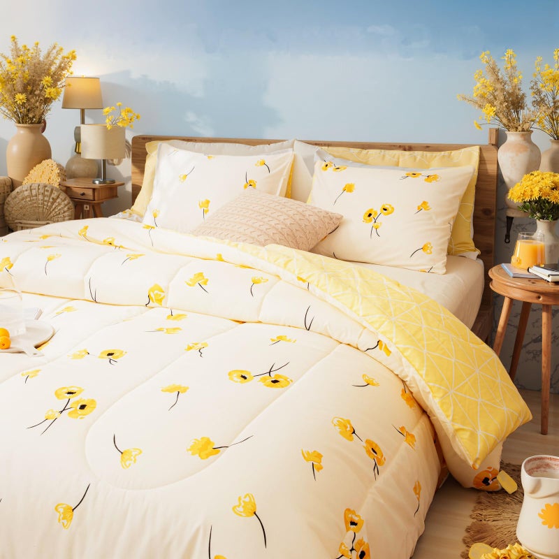 Bedorm Yellow Bedding Comforter Set Floral Plaid Reversible Comforter Queen Size Bed Set Flowers Pattern Cute Botanical Bed Comforter Set(Queen, Yellow) - Image 2